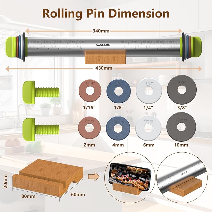 Stainless Steel Rolling Pin with Thickness Rings and Pastry Baking Mat for Baking, Fondant, Pizza, Pie, Cookies, Pastries, 13.6" Rolling Pin with 4 Multi-Color Thickness Rings and Wooden Stand