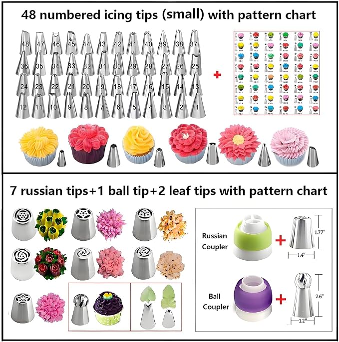 Cake Decorating Kit, 357 Pcs Baking Supplies | Aluminium Cake Turntable, Leveler, 50 Icing Tips, 8 Russian+Ball Tips, 2 Spatulas, 102 Pastry Bags, 109 Cupcake Liners & More