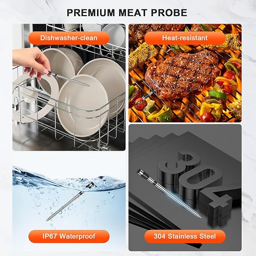 Wireless Meat Thermometer Digital - 800FT Bluetooth Food Thermometer for Cooking, NIST Certified Accuracy, Standalone Base Dual Probes for Grill BBQ Oven Smoker