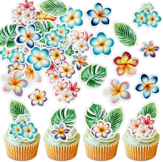 50Pcs Edible Frangipani Cupcake Toppers Edible Monstera Leaves Cupcake Picks for Hawaiian Floral Bridal Shower Engagement Wedding Cake Decors Hawaii Girls Birthday Party Decorations