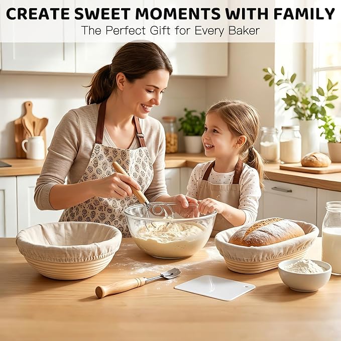 Sourdough Starter Kit - 10 Inch Round Sourdough Proofing Basket with Linen Liner, Handmade Dough Rising Bowl for Artisan Bread Making, Fermentation Tool for Home Bakers - Complete Kit with Scraper