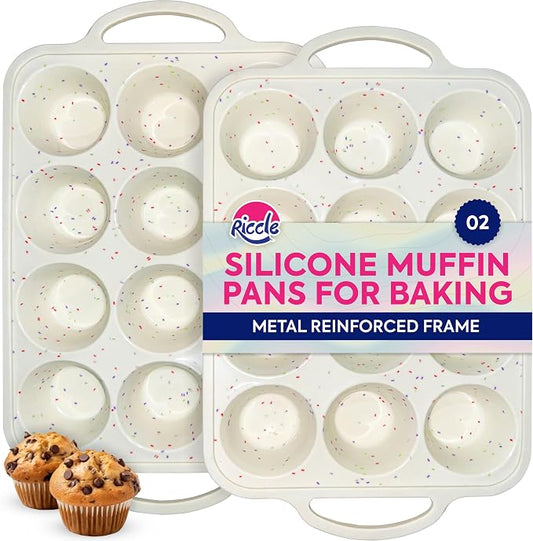 RICCLE Silicone Muffin Pans for Baking with Metal Reinforced Frame, 12-Cup Cupcake Pan, 2 Pcs Muffin Trays for Cupcake Baking, Tray Molds, Oven & Dishwasher Safe, BPA-Free (2 x Standard)