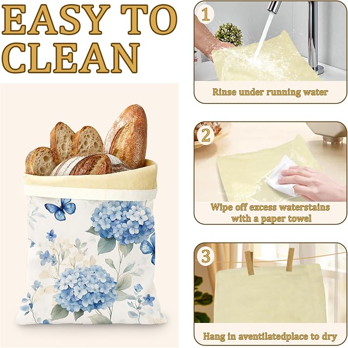 2 Pack Beeswax Blue Hydrangea Bread Bags for Sourdough, Reusable Linen Butterfly Floral Bread Bag 17x13'' Food Storage Cloth Bag Freezer-Friendly & Freshness Preservation