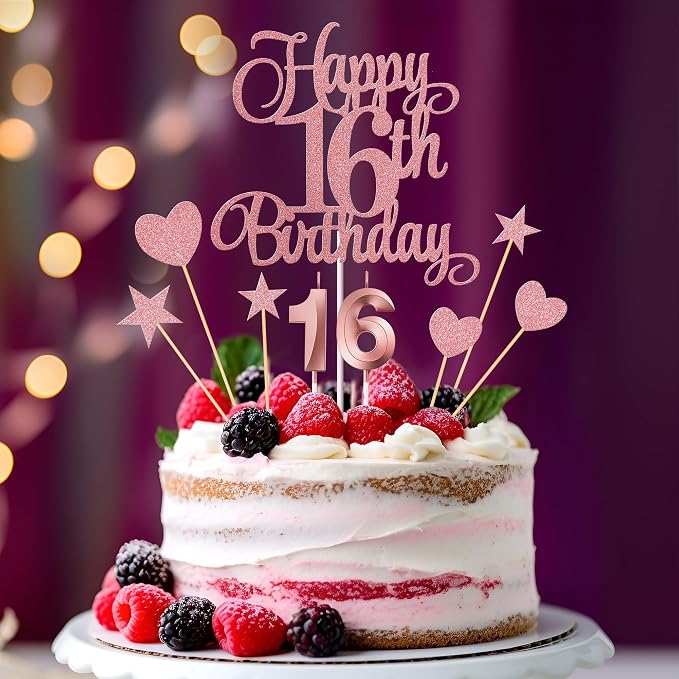 16th Birthday Cake Decorations, 16th Birthday Candles Cake Numeral Candles and Glitter Happy 16th Birthday Cake Toppers Set for Birthday Party Supplies (Rose Gold)