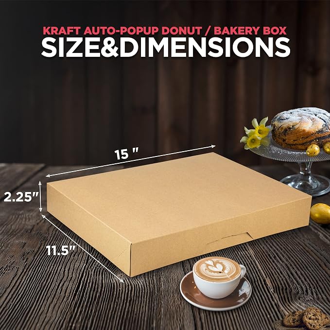 Fit Meal Prep 18 Pack Donut Box 15x11.5x2.25 Auto-Popup Macaron Boxes - Large Kraft Brown Boxes for Baked Goods, Cookies, Breads, Cupcakes, Pizza Durable, Convenient Pastry Box for Home and Bakery