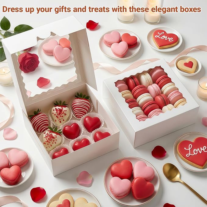 30 Pack White Pie Box Bakery Boxes with Window, 8 x 8 x 2.5 Inches Auto-Popup Cookie Boxes Treat Boxes for Chocolate Strawberries, Pastries, Muffins, Donuts