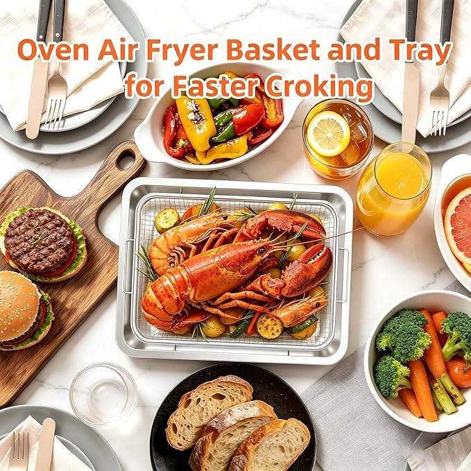 2Pcs Steel Air Fryer Tray Replacement for Cuisinar TOA-060/065 Toaster Oven | 12.4"x11" Basket and Tray Baking Sheet Pan Convection Oven Accessories Parts for Baking & Cookie Sheets/Broiling, Non‑Stick
