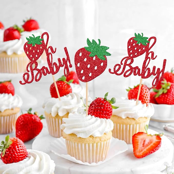 24 PCS Sweet Oh Baby Cupcake Toppers Glitter Oh Baby Strawberry Cupcake Picks Fruit Berry Cupcake Decorations for Strawberry Theme Baby Shower Kids Birthday Party Cake Decorations Supplies Red
