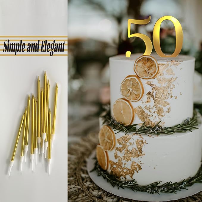 3.7IN Gold Acrylic Number 5 Cake Topper with 12 Gold Long Candles - Perfect for 5th Birthday Party Supplies, Ideal for Cake Decoration