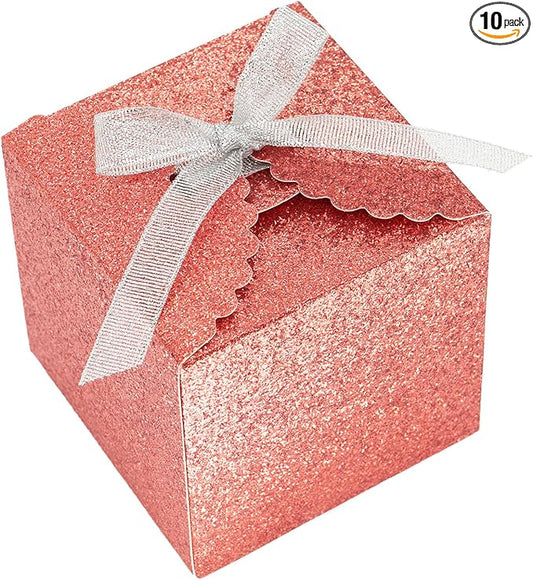 WEWILUCK Red Glitter Gift Boxes 4x4x4 Inch, Small Cube Favor Boxes with Silver Ribbon, Sparkly Paper Gift Box for Wedding, Party Favors, Christmas, Candy & Treat Packaging