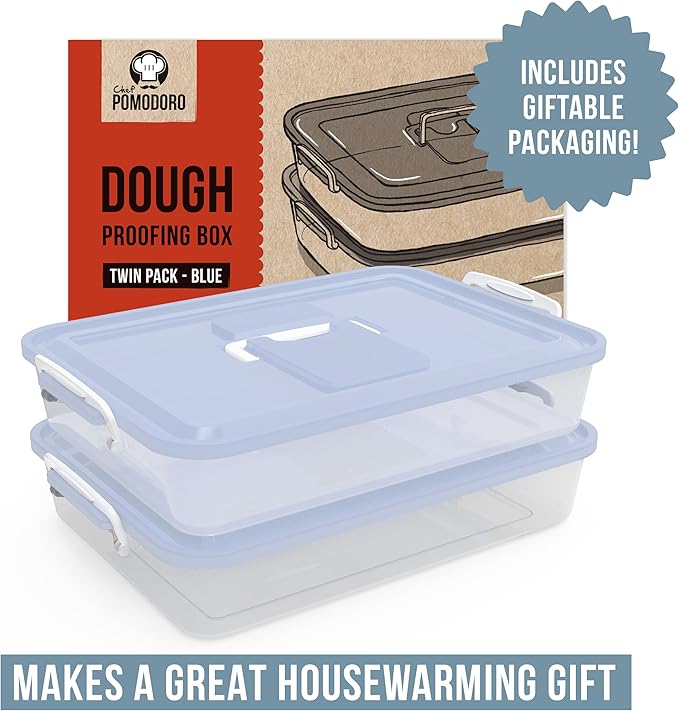 Chef Pomodoro Pizza Dough Proofing Box, 14 x 11-Inch, Preparation Container with Lid, Fits 4-6 Proofing Balls, Household Pizza and Bread Dough Tray With Convenient Carry Handle (Blue, 2-Pack)