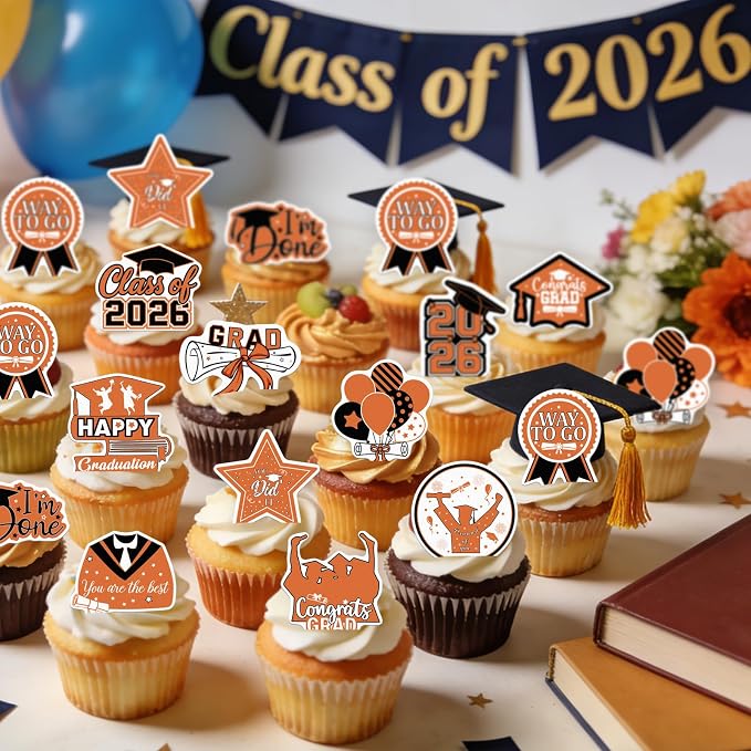 48pcs Edible 2026 Graduation Cupcake Toppers Wafer Paper Orange Class of 2026 Cake Decorations Edible Congrats Grad Cupcake Picks for 2026 Graduation Theme Party Cake Supplies