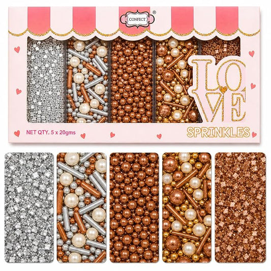 Confect Sprinkles for Cake & Cupcake Decoration | Pack of 5 Party Sparkle Sprinkles | Champagne Gold Pearl | Sliver & Bronze Jimmies Sliver Sparkling Sugar | Vegan, Gluten-Free, Nut-Free, Soy-Free, Dairy-Free, Palm Oil-Free - 5 Oz