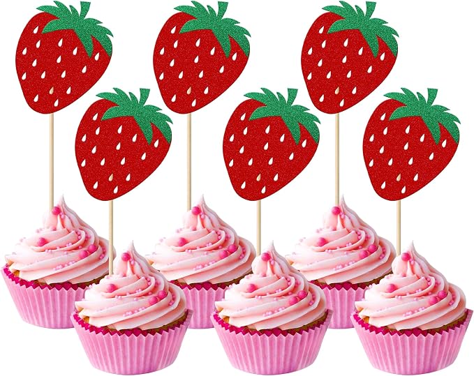 24 Pack Strawberry Cupcake Toppers Glitter Birthday Strawberry Cupcake Picks for Fruit Baby Shower Kids Birthday Summer Berry Cupcake Decorations Party Supplies Red