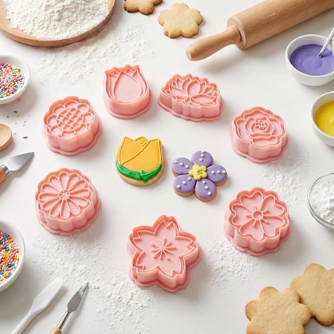 Vesici 8 Pcs Small Flower Cookie Cutter Set 2 Inches with Plunger Stamp 3D Lotus Rose Daisy Sunflower Cookie Stamps for Wedding Bridal Shower Graduation Summer Party Decorating Baking Supplies