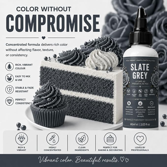 Confect Slate Grey Gel Food Coloring – Highly Pigmented Gel Based Food Color for Buttercream, Cakes, Cookies & Baking – 60mL / 2 FL OZ