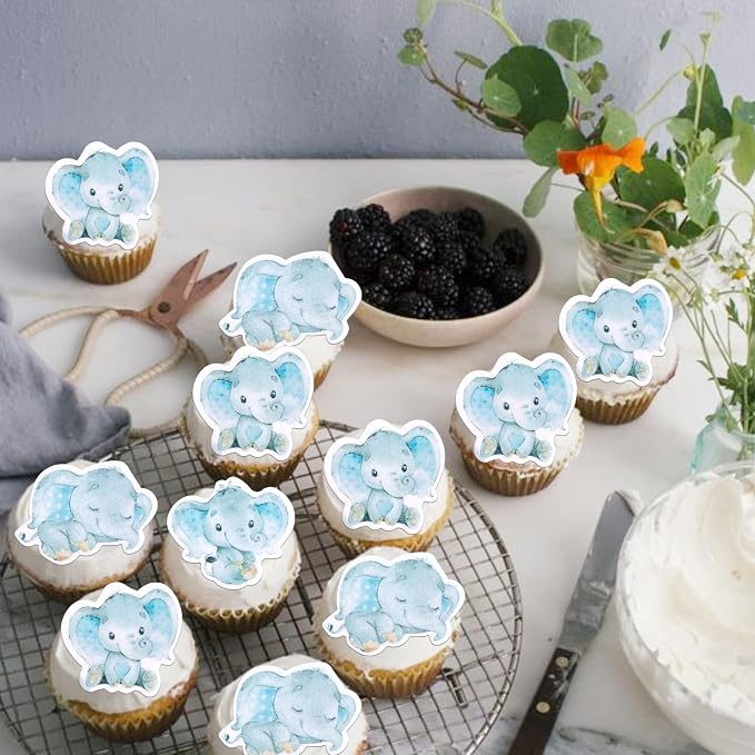 60 PCS Edible Blue Elephant Cupcake Toppers It's a Boy Baby Shower Cupcake Picks Edible Elephant Cake Decorations for Elephant Theme Baby Shower Kids Boys Birthday Party Food Decorations Supplies