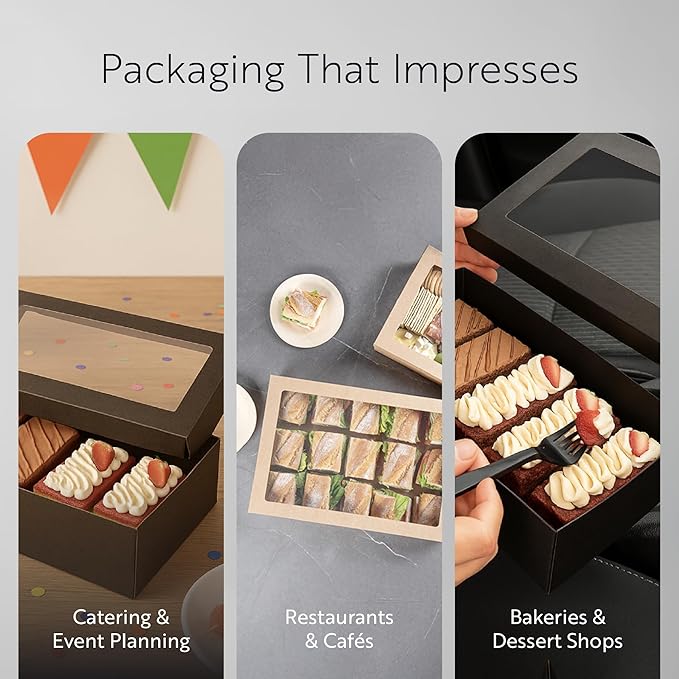 Restaurantware Cater Tek 17.9 x 12.3 x 3.2 Inch Catering Boxes 100 Insert Tab Lock Baked Goods Boxes - Window Lids Easy Assembly Kraft Paper Window Pastry Boxes For Charcuterie Or Cupcakes