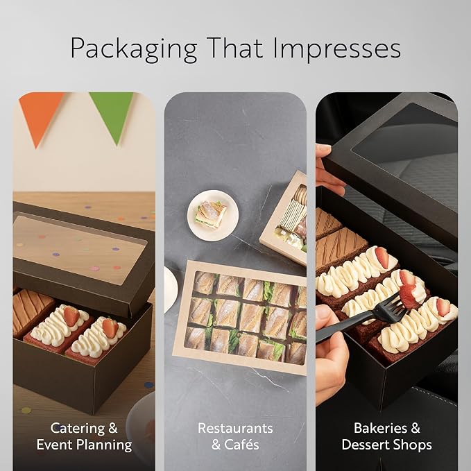 Restaurantware Cater Tek 10.2 x 6.1 x 3.2 Inch Baked Goods Boxes 100 Greaseproof Pastry Boxes - Window Lids Insert Tab Lock Black Paper Catering Boxes Easy Assembly For Charcuterie Or Cupcakes