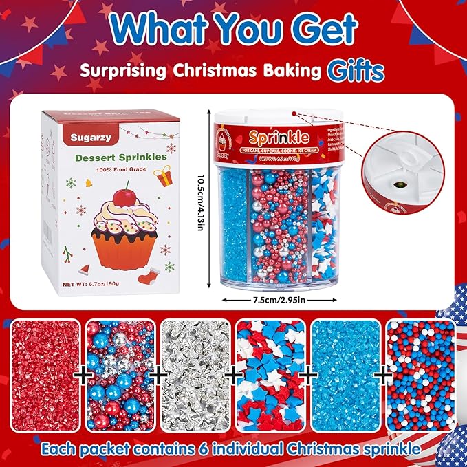 Patriotic Sprinkles for Cake Decorating,6 Cell-6.7oz,July 4th Edible Sprinkle Baking Decorations,Blue Red White Silver Pearls Nonpareils Confetti and Stars-Shape Sanding Sugar Mix,for Cookies,Ice Cream,Fondant Cake,Cupcakes,Desserts Decorating,May Day,...