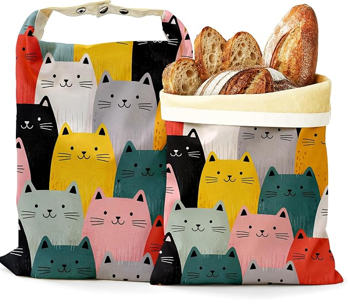 2 Pack Beeswax Cute Cat Bread Bags for Sourdough Homemade Breads, Reusable Beeswax Bread Colorful Cat Storage Bag, Keep Loaves Fresh Longer, Freezer Safe & Airtight, Zero Waste 17 x 13''