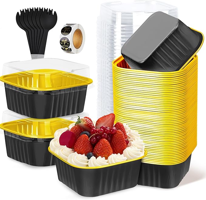 30Pack 5oz Mini Cake Pans with Lids and Spoons Baking Cups Aluminum Foil Pans Tins, Individual Dessert Cups Containers for Sales,Party,Picnics (Black&Gold)