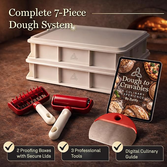 Pizza Dough Proofing Box - Sourdough storage container System with 2 Lids, Stackable 17.5"x11.8"x3.5" bread containers with full accessories 2-Pack by Zurify®