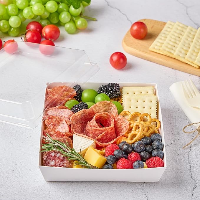 ZORRITA Large Charcuterie Boxes with Clear Lids, 7x7 Inch, 20 Pack, White | Disposable, Square, Kraft Paper, To Go Food Containers, Bakery Boxes, For Charcuterie Desserts Strawberries Cookies
