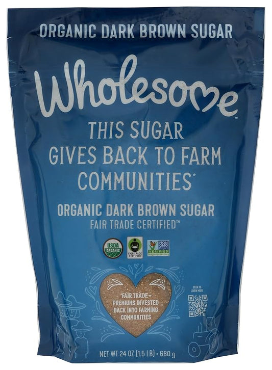 Wholesome Sweeteners 24-Ounce Organic Dark Brown Sugar, Fair Trade, Non GMO, Gluten Free & Vegan, Sugar for Baking and Glazing, 1 Pack (Package May Vary)