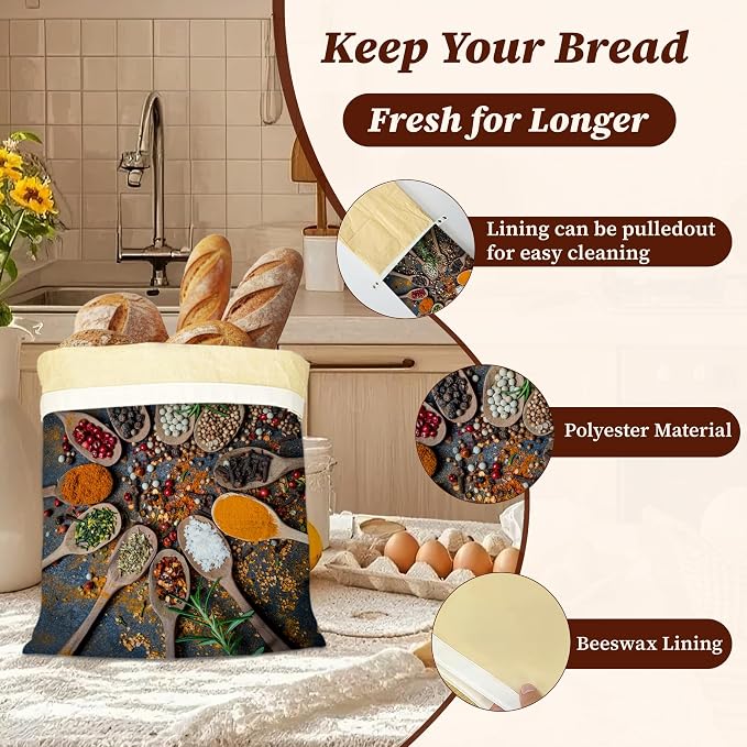 Beeswax Bread Bags, 2 Pack for Homemade Bread and Sourdough Storage | Colourful Various Herbs, Reusable Polyester Bread Storage With Beeswax Coating And Snap Closures
