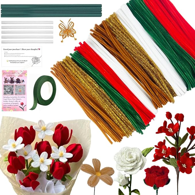 520Pcs Red Green White Pipe Cleaners Craft Kit, 5 Colors Glitter Chenille Stems Kit with Wires, Tape, Glue Sticks and Card, DIY Supplies for Christmas, Wedding, Graduation Gifts, Holiday Party Crafts