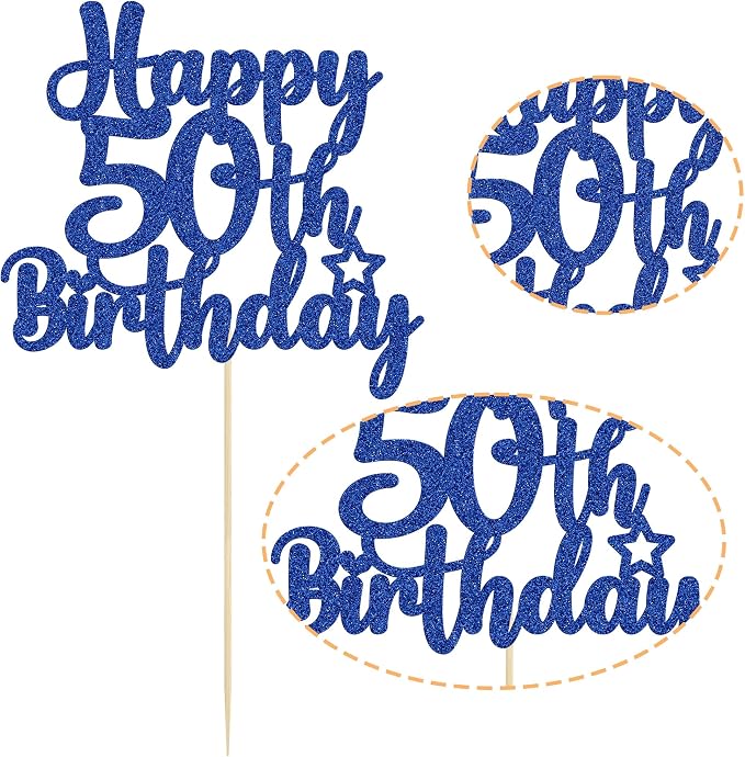 Gyufise 1Pc Happy 50th Birthday Cake Topper Glitter 50 & Fabulous Cheers to 50 Years Old 50th Birthday Cake Pick for Celebrating 50th Birthday Anniversary Party Cake Decorations Blue