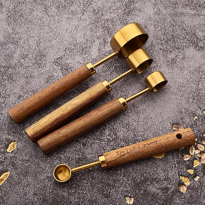 8 pieces Golden Measuring Cups Set and Measuring Spoons Set with Scale, BRIIEC Wooden Handle Stainless Steel Dry & Liquid Measuring Cup for Cooking Baking