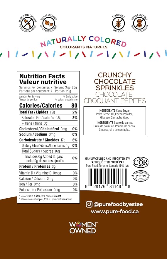 Pure Food By Estee Natural Chocolate Sprinkles, 5oz | Vegan | Dye Free Chocolate Jimmies for Baking | Natural Colors | Soy Free, Gluten Free, Dairy Free, Nut Free