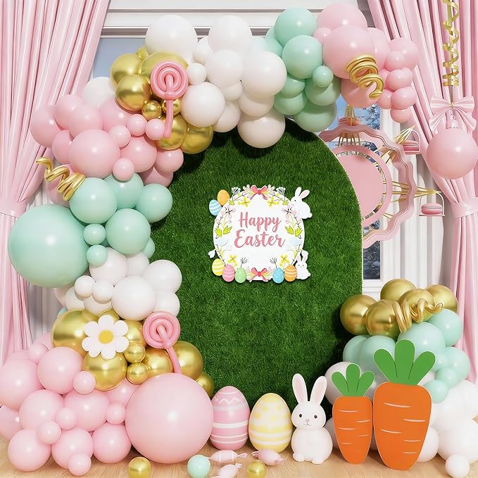 Pastel Balloon Arch Garland Kit, Macaron Pink Green White Gold Latex Party Balloons Pastel Color Easter Balloon for Easter Spring Wedding Graduation Baby Shower Birthday Party Decorations