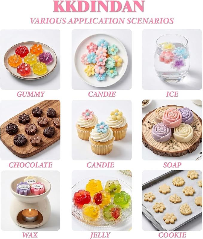 Flower Candy Molds Silicone 2PCS, KKDINDAN 9 Shapes Bite Size Chocolate Molds, Food Grade Spring Rose Daisy Flower Mold Bow Leaf Gummy Molds for Ice Jello Soap Cookie Dessert Melt