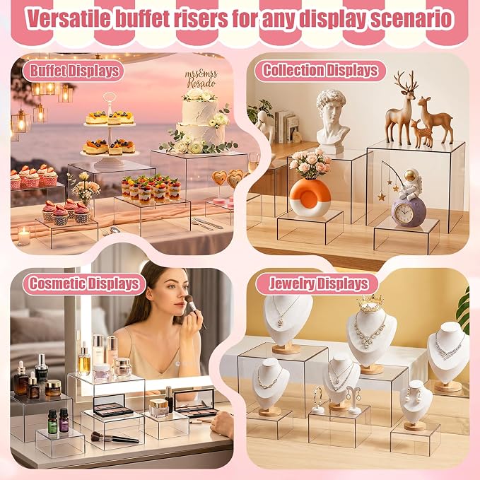 6 Pcs Acrylic Buffet Risers, Clear Stackable Food Display Stand, Nesting Cube Box with Hollow Bottom, Food Risers for Buffet Table Dessert Jewelry Catering(8'' 7'' 6'' 5'' 4'' 4'')