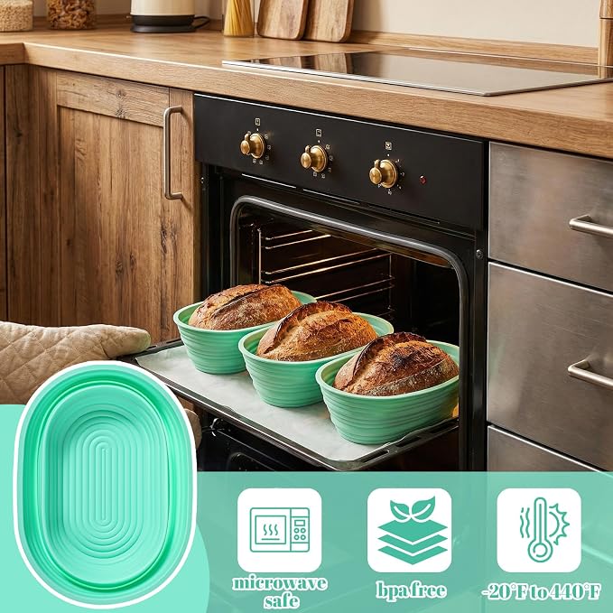 4 Pcs Oval Proofing Basket Set, 9.6 Inch Silicone Sourdough Bread Basket, Foldable Non-Stick Dough Proofing Bowl for Baking, BPA-Free, Green