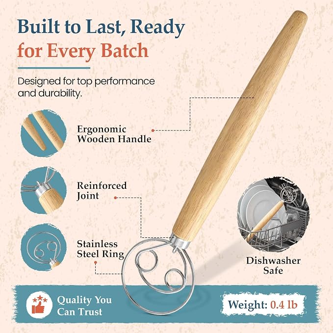 Danish Dough Whisk - 13 inch Stainless Steel Sourdough Whisk with Long Wooden Handle - Durable Bread Dough Mixer - Perfect Stirrer for Artisan Loaves, Pizza Dough & Pancakes