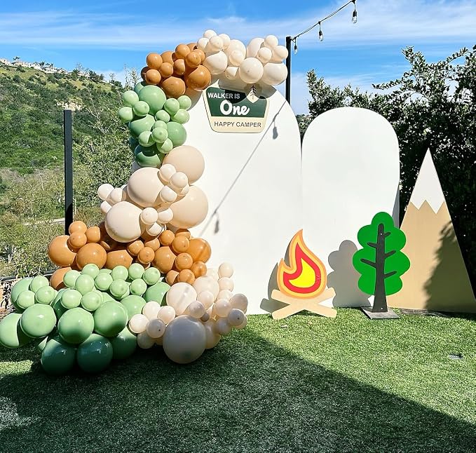 Brown and Green Balloon Arch Kit for Boys One Happy Camper Camp Bachelorette Camping Birthday Outdoor Wild Adventure Party Decorations