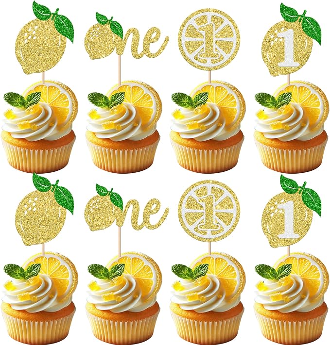 Rsstarxi 24 Pack Lemon One Cupcake Toppers Glitter Happy 1st Birthday Cupcake Picks for Baby Shower Happy First Birthday Party Cake Decorations Supplies