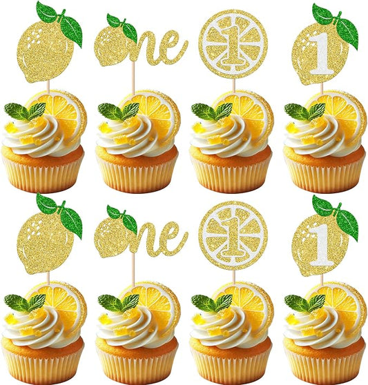 Rsstarxi 24 Pack Lemon One Cupcake Toppers Glitter Happy 1st Birthday Cupcake Picks for Baby Shower Happy First Birthday Party Cake Decorations Supplies