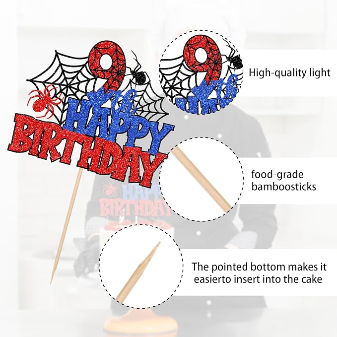 1 PCS Happy 9th Birthday Cake Topper Glitter Spider Web Cheers to 9 Years Nine Birthday Cake Pick Superhero Spider Party Decorations for Boys Girls Happy 9th Birthday Party Cake Decorations Supplies