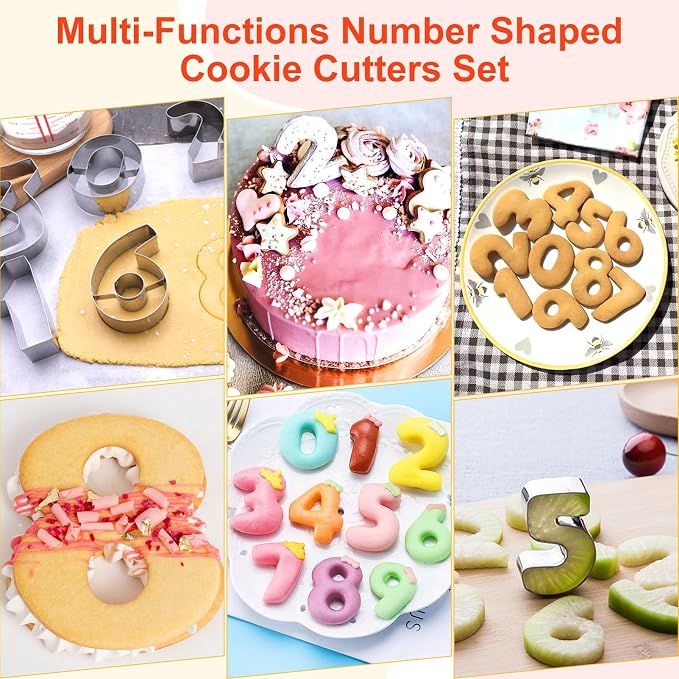 ofone Large Number Cookie Cutters (0-9), 3 Inches Stainless Steel Fondant Cutter Set, 9pcs Numbers Biscuit Molds for Baking Cake Clay