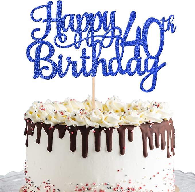 1 PCS Happy 40th Birthday Cake Topper Glitter Cheers to 40 Years Birthday Cake Pick 40 Fabulous Cake Decoration for Happy 40th Birthday Anniversary Party Decorations Supplies Blue