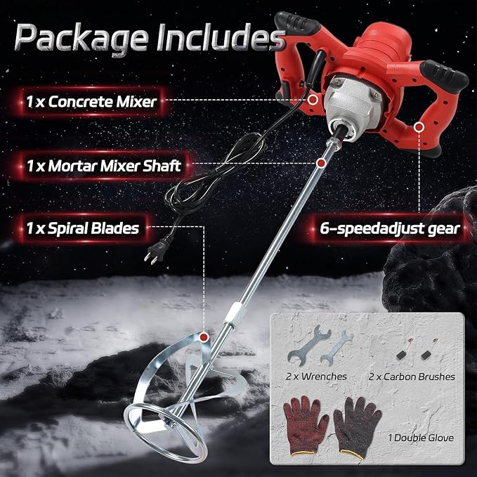 2100W Cement Mixer, 110V 6-Speed Handheld Electric Concrete & Mortar Mixer with Paddle, Copper Motor Mud Mixer for Paint, Grout, Thinset, Drywall Mud, Self-Leveling Cement and DIY Home Projects