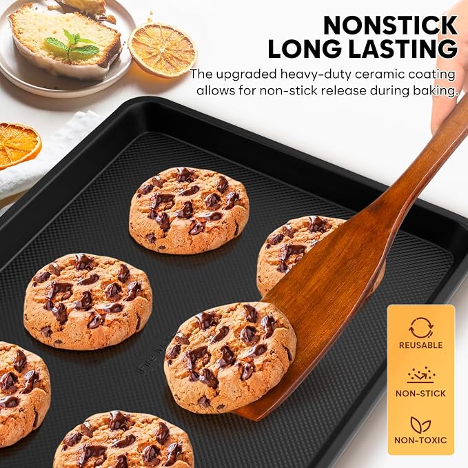 Quarter Sheet Pan Set of 2, 12.8 ” x 9 ”, Cookie Sheets for Baking 0.8mm Thick Non Stick Baking Sheets for Oven Heavy Duty Baking Trays