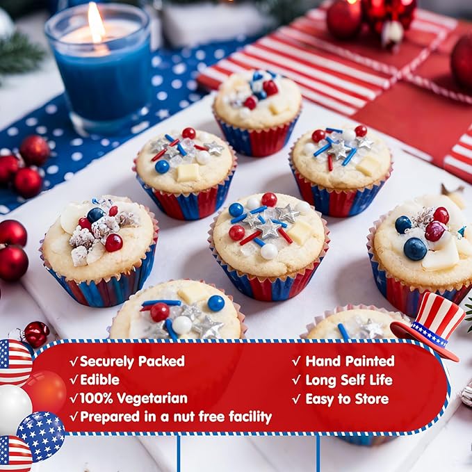 Edible Patriotic Sprinkles for Cake Decorating,130g,July 4th Pearl Sprinkle for Baking Decorations,Blue Red and White Pearls Jimmies,Silver Star and Sugar Crystals Mix,Cookies,Ice Cream,Fondant Cake,Cupcakes,Desserts,Memorial Day,Flag Day,Juneteenth,In...