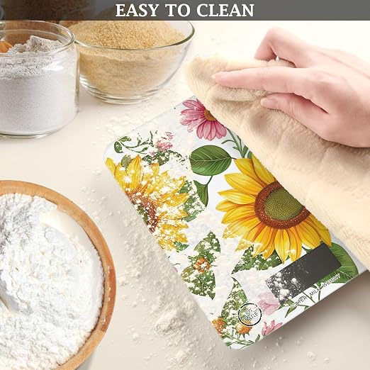 Food Scale Kitchen Digital Scale Food Ounces and Grams Dieting Baking Cooking Waterproof Glass Panels LCD Display,4 Units Scale Tare Function Sunflower White