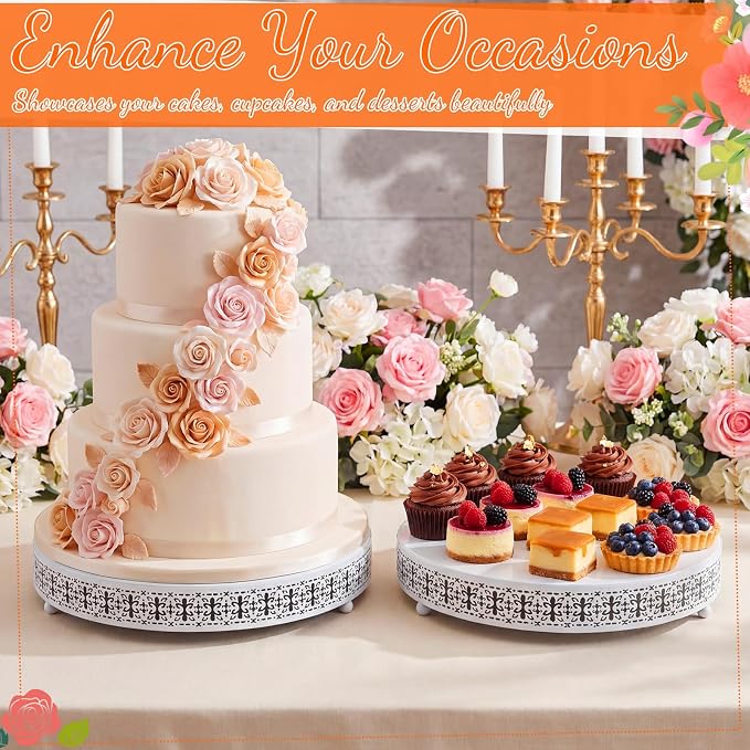 Wenqik 2 Pack Cake Stand Set, 14/16 Inch Metal Round Cupcake Dessert Stand Decorative Elegant Cake Display for Weddings Party Birthday Baby Showers Anniversary(Ornate Floral,White)